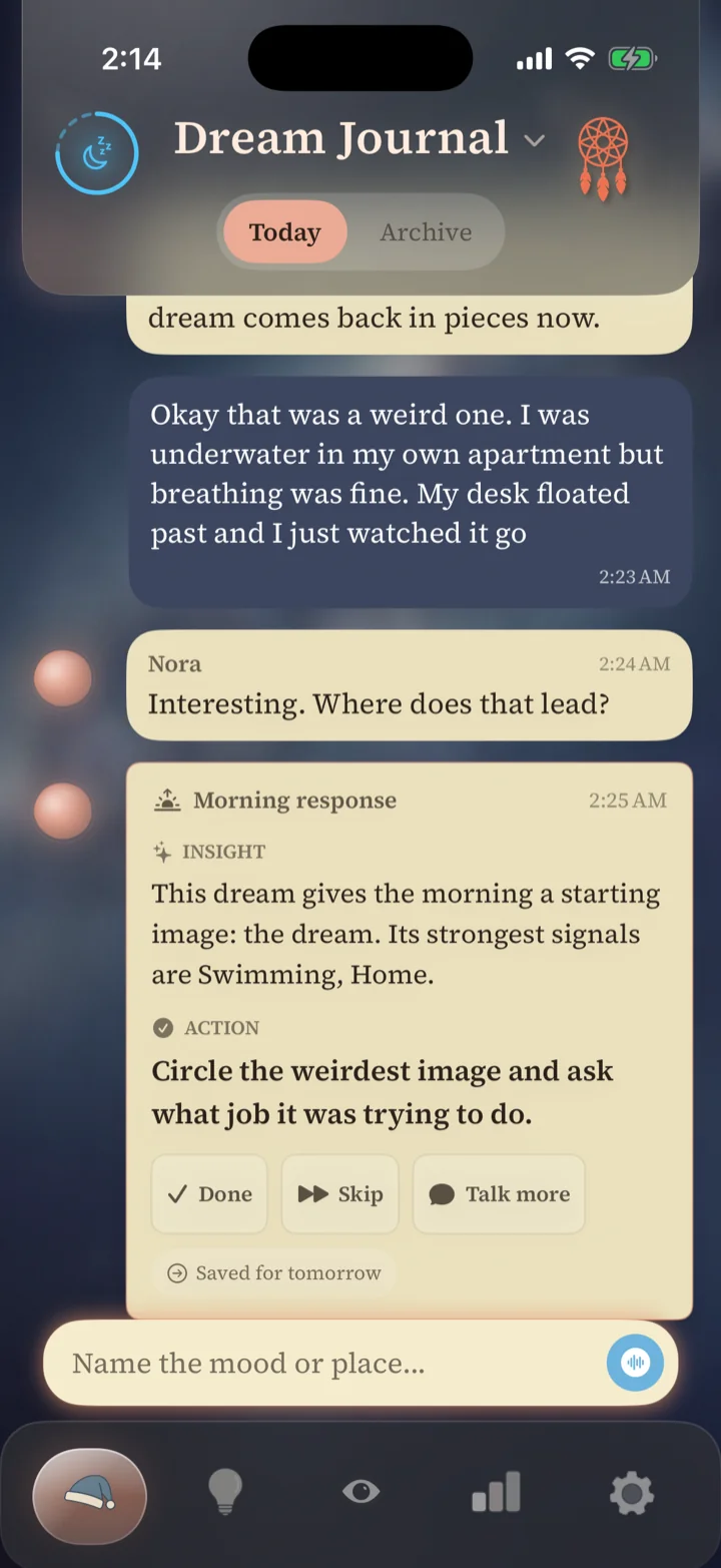 Somnora's Dream Journal at 2 a.m.: a dream told in fragments, and Nora's morning response with one insight and one small action