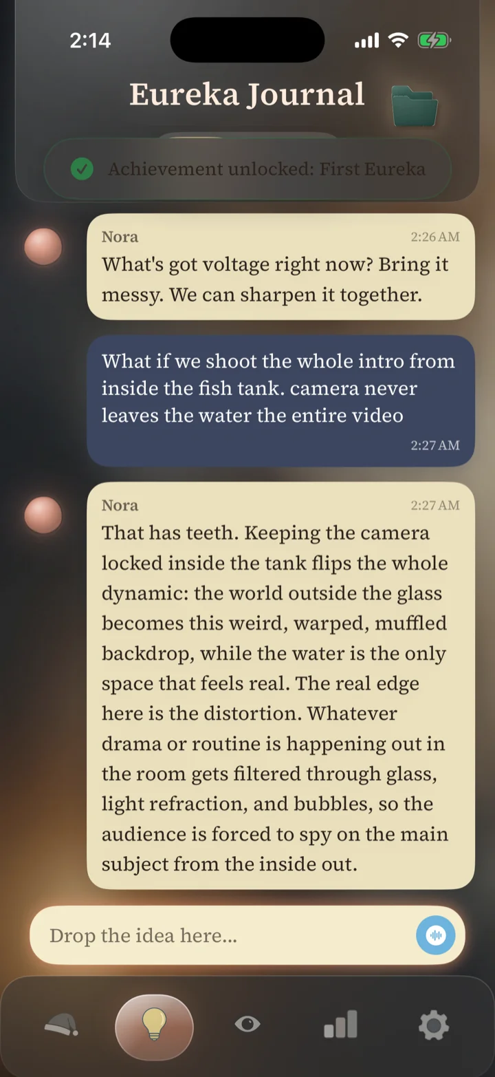 Somnora's Eureka Journal: a late-night idea shared in a casual voice, and Nora's reply sharpening what makes it work